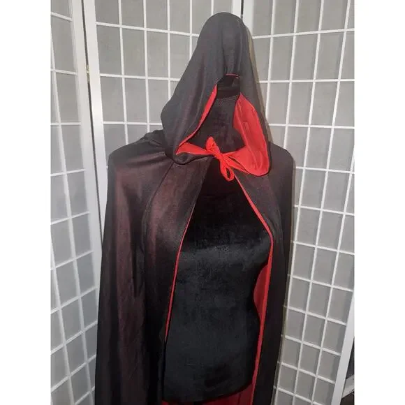 Halloween Reversible Black Red Cosplay Costume Hooded Masquerade Party Cape 63” - Picture 2 of 3
